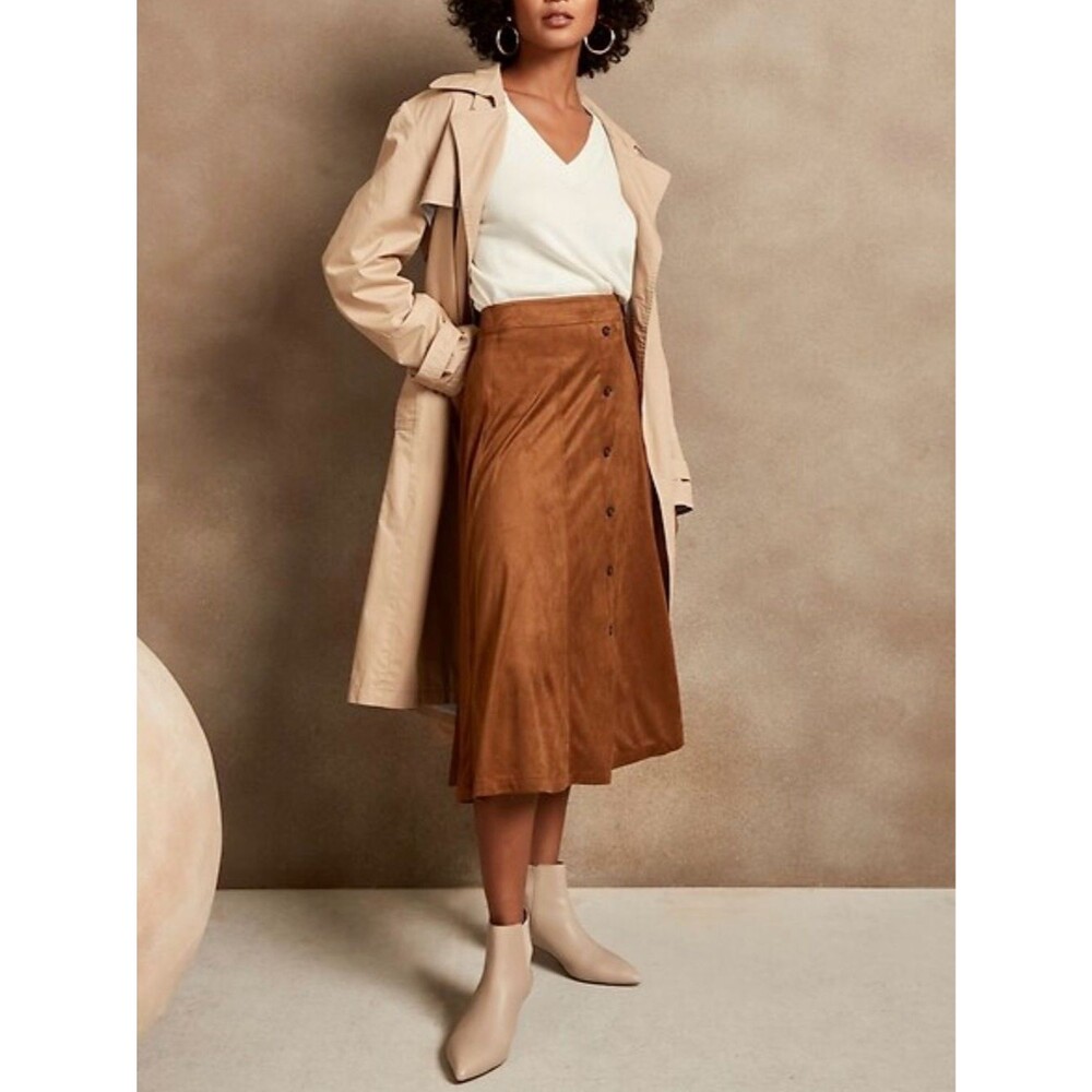 Banana Republic Vegan Suede Button-Front Midi Skirt Cognac Brown Size 20 Tall